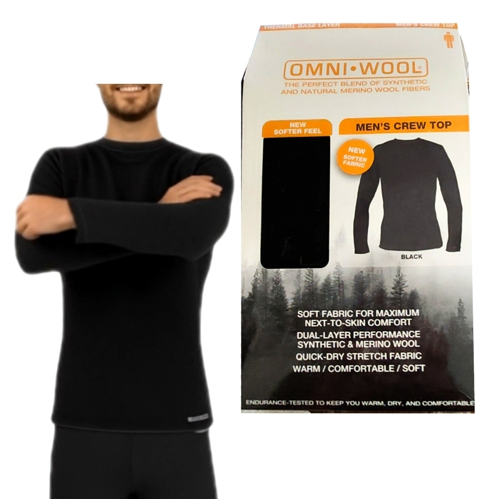 Men's Black Base Layer Merino Wool Blend Long Sleeve Crew Top Omniwool  NWT